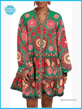 Floral Print Summer Smock Dress Boho Beach Long Sleeve Button Down Flowy